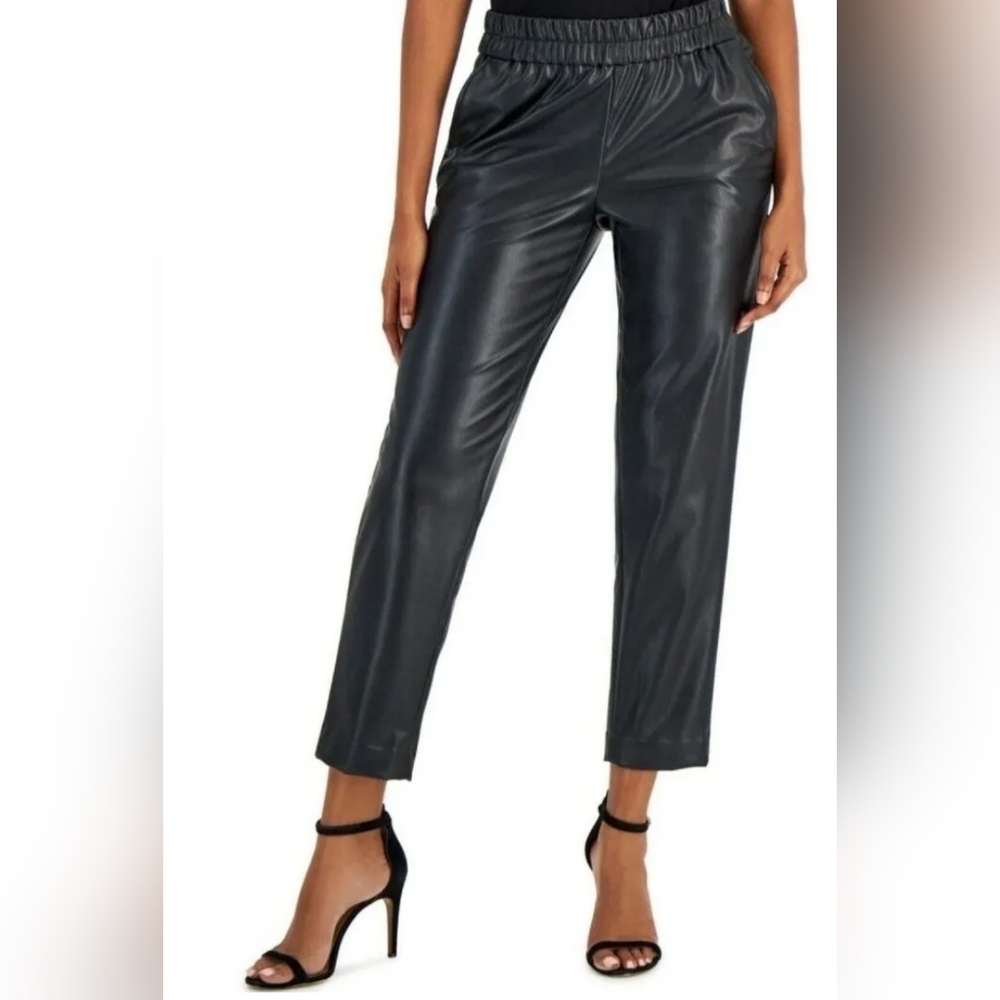 New Anne Klein Black Vegan Leather Pull-on Cropped Pants With Pocket Size XL
